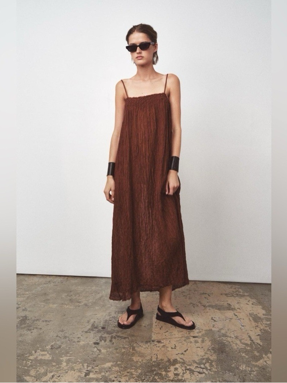 NWT Zara ZW Collection Chocolate Brown Ramie Draped Maxi Dress Sz M
